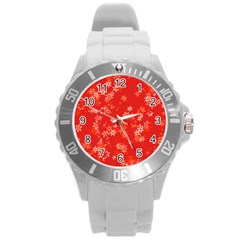 Red And White Flowers Round Plastic Sport Watch (l) by SpinnyChairDesigns