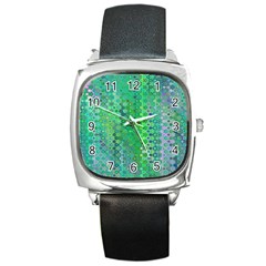 Boho Green Floral Print Square Metal Watch by SpinnyChairDesigns