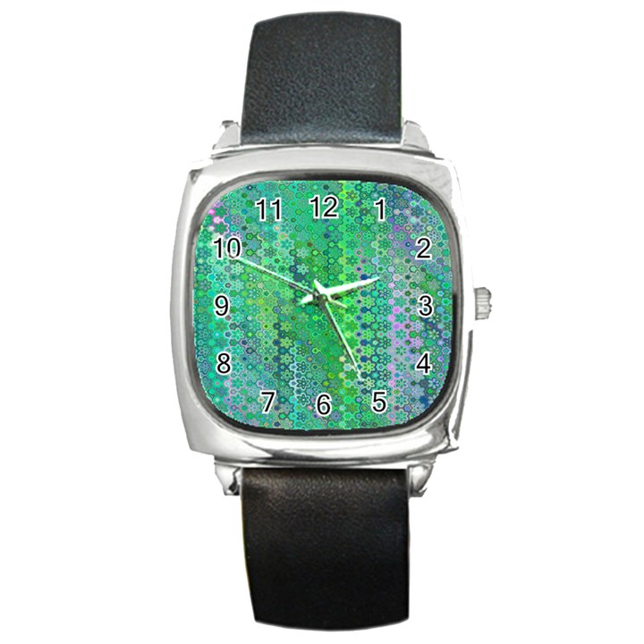 Boho Green Floral Print Square Metal Watch