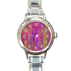 Boho Fuchsia Floral Print  Round Italian Charm Watch by SpinnyChairDesigns