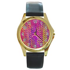 Boho Fuchsia Floral Print  Round Gold Metal Watch by SpinnyChairDesigns