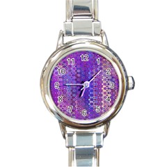 Boho Purple Floral Print Round Italian Charm Watch by SpinnyChairDesigns