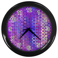 Boho Purple Floral Print Wall Clock (black) by SpinnyChairDesigns