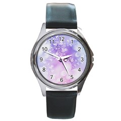 White Purple Floral Print Round Metal Watch by SpinnyChairDesigns