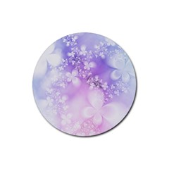 White Purple Floral Print Rubber Coaster (round)  by SpinnyChairDesigns