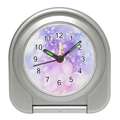 White Purple Floral Print Travel Alarm Clock by SpinnyChairDesigns