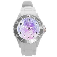 White Purple Floral Print Round Plastic Sport Watch (l) by SpinnyChairDesigns