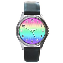 Rainbow Floral Ombre Print Round Metal Watch by SpinnyChairDesigns