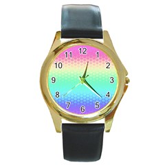 Rainbow Floral Ombre Print Round Gold Metal Watch by SpinnyChairDesigns