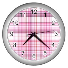 Pink Madras Plaid Wall Clock (silver) by SpinnyChairDesigns