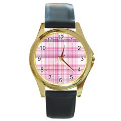 Pink Madras Plaid Round Gold Metal Watch by SpinnyChairDesigns