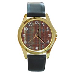 Rust Brown Grunge Plaid Round Gold Metal Watch by SpinnyChairDesigns