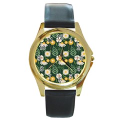 Flower Green Pattern Floral Round Gold Metal Watch