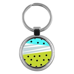 Mixed Polka Dots And Lines Pattern, Blue, Yellow, Silver, White Colors Key Chain (round) by Casemiro