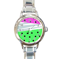 Dots And Lines, Mixed Shapes Pattern, Colorful Abstract Design Round Italian Charm Watch by Casemiro