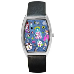 Blue Denim And Drawings Barrel Style Metal Watch