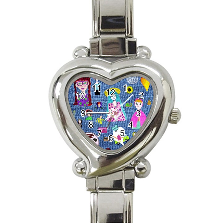 Blue Denim And Drawings Heart Italian Charm Watch