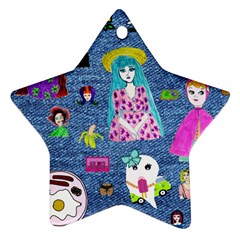 Blue Denim And Drawings Star Ornament (two Sides)