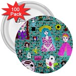 Blue Denim And Drawings Daisies Aqua 3  Buttons (100 pack)  Front