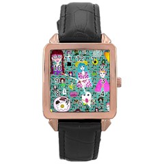 Blue Denim And Drawings Daisies Aqua Rose Gold Leather Watch 