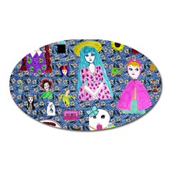 Blue Denim And Drawings Daisies Oval Magnet