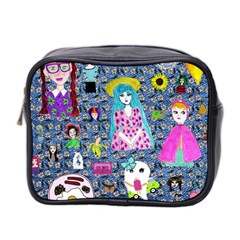 Blue Denim And Drawings Daisies Mini Toiletries Bag (two Sides) by snowwhitegirl