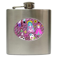 Blue Denim And Drawings Daisies Pink Hip Flask (6 Oz)