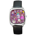 Blue Denim And Drawings Daisies Pink Square Metal Watch Front