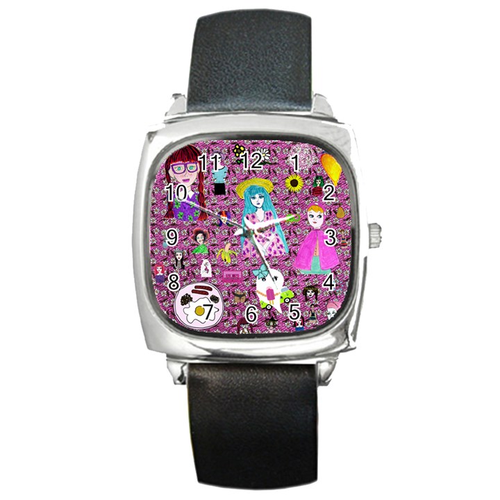 Blue Denim And Drawings Daisies Pink Square Metal Watch