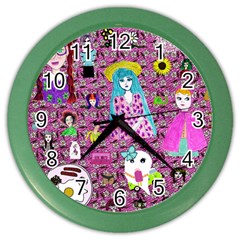 Blue Denim And Drawings Daisies Pink Color Wall Clock by snowwhitegirl