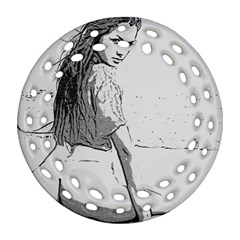 Beauty At The Beach, Sexy Girl Illustration, Black And White Round Filigree Ornament (two Sides) by Casemiro