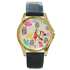 Scandinavian Foliage Fun Round Gold Metal Watch by andStretch