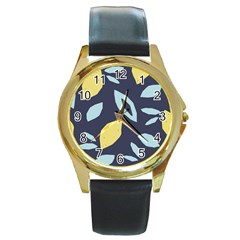 Laser Lemon Navy Round Gold Metal Watch by andStretch