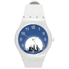 Boat Silhouette Moon Sailing Round Plastic Sport Watch (m) by HermanTelo