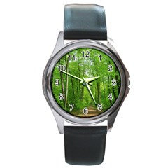 In The Forest The Fullness Of Spring, Green, Round Metal Watch by MartinsMysteriousPhotographerShop