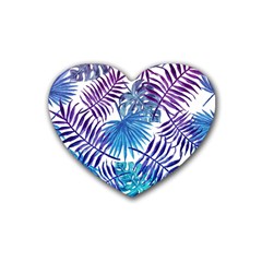 Blue Tropical Leaves Rubber Coaster (heart)  by goljakoff