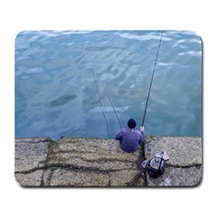 Senior Man Fishing At River, Montevideo, Uruguay001 Large Mousepads by dflcprintsclothing