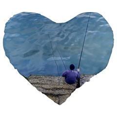 Senior Man Fishing At River, Montevideo, Uruguay001 Large 19  Premium Heart Shape Cushions by dflcprintsclothing