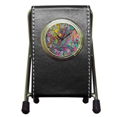 Abstract Marbling Swirls Pen Holder Desk Clock by kaleidomarblingart