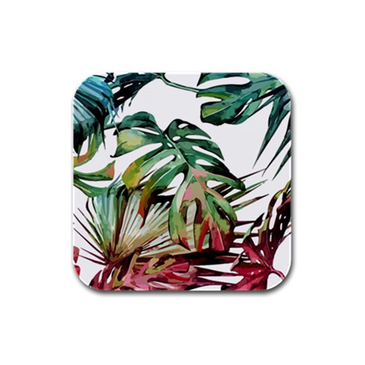 Watercolor monstera leaves Rubber Square Coaster (4 pack) 