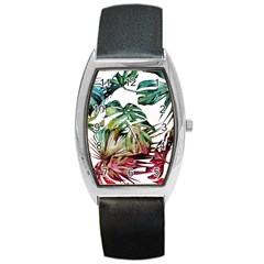 Watercolor Monstera Leaves Barrel Style Metal Watch
