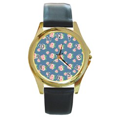 Pink Vintage Roses Round Gold Metal Watch