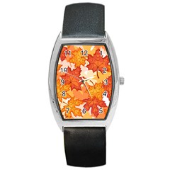 Autumn Leaves Pattern Barrel Style Metal Watch by designsbymallika