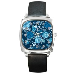 Blue Floral Print  Square Metal Watch by designsbymallika