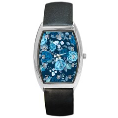 Blue Floral Print  Barrel Style Metal Watch by designsbymallika