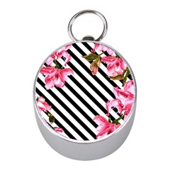 Pink Floral Stripes Mini Silver Compasses