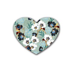 Black White Floral Print Rubber Coaster (heart) 