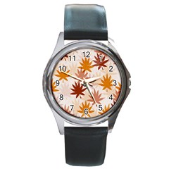 Autumn Leaves Pattern  Round Metal Watch by designsbymallika