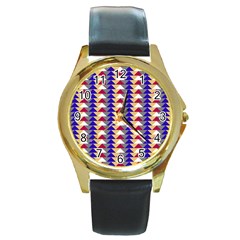 Colorful Triangles Pattern, Retro Style Theme, Geometrical Tiles, Blocks Round Gold Metal Watch by Casemiro