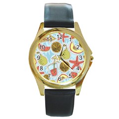 Tropical Pattern Round Gold Metal Watch by GretaBerlin